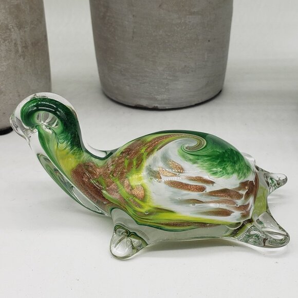 Murano Style Green White Gold Aventurine Art Glass Turtle Figurine Paperweight - Picture 8 of 10